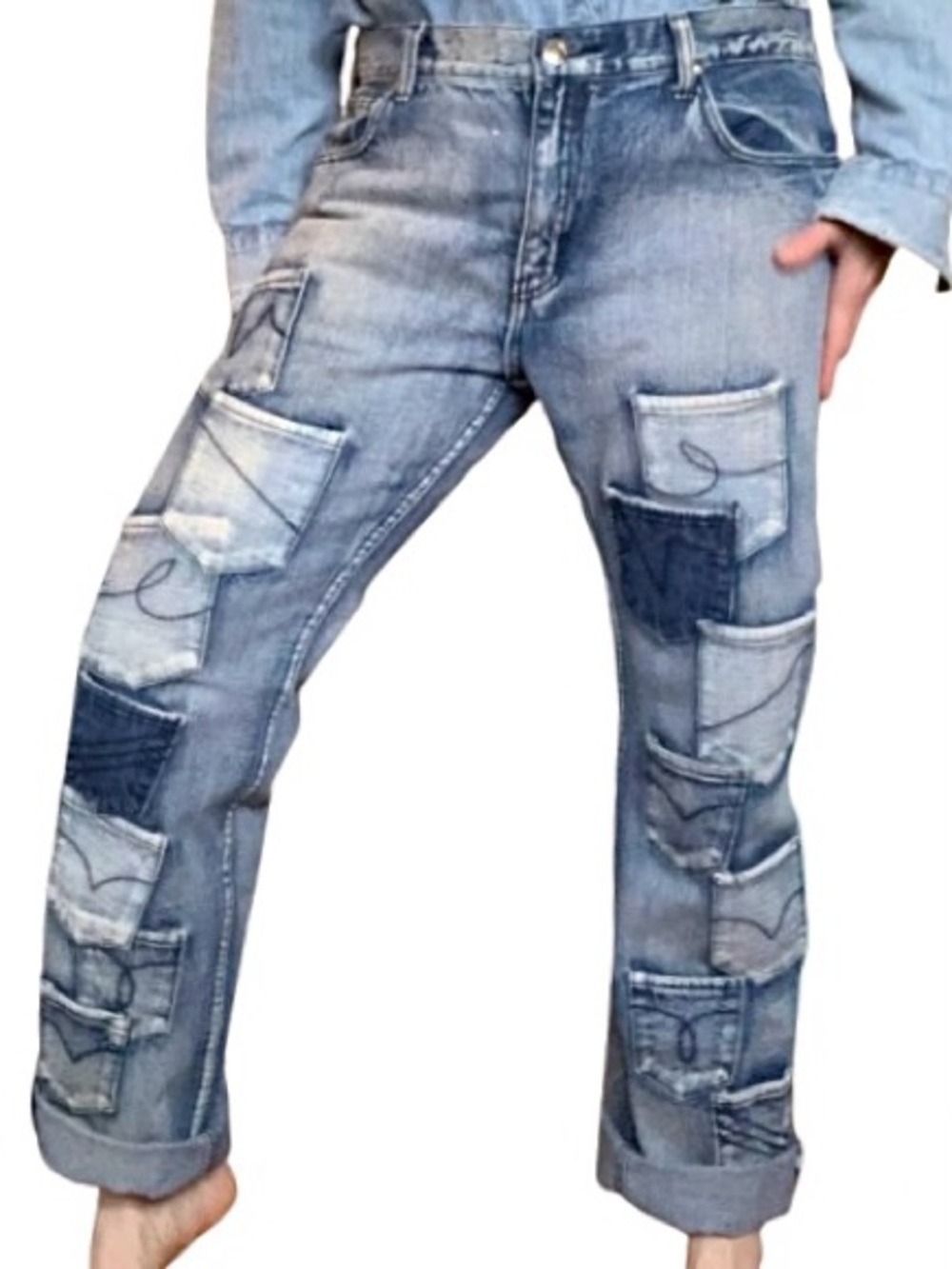 Patchwork Pockets Mixed Wash Straight Leg Jean Vintage & Denim GS-115 34/36 x 31